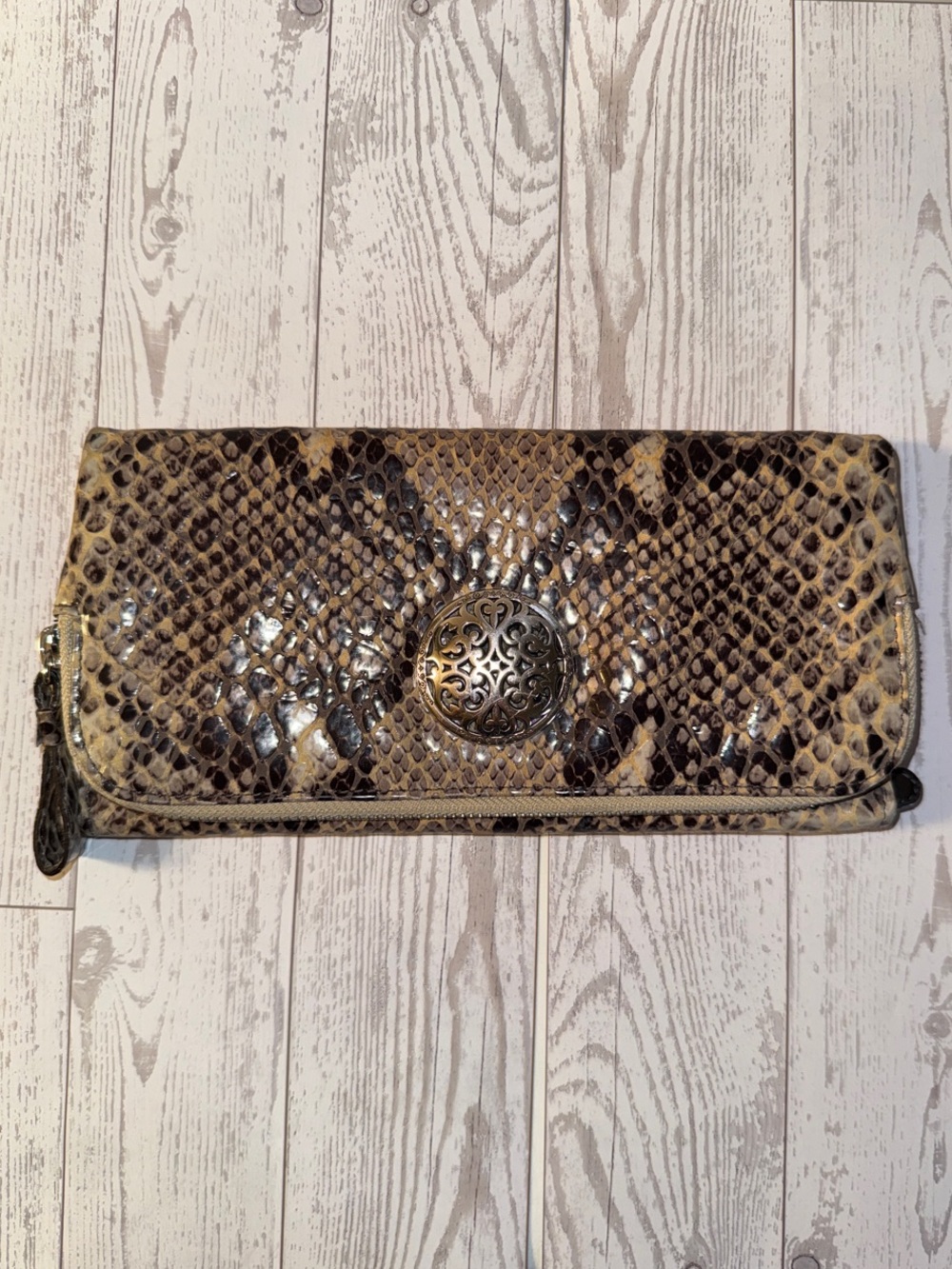 Brighton Genuine Leather Snake-Embossed Wallet Clutch in Brown and Tan